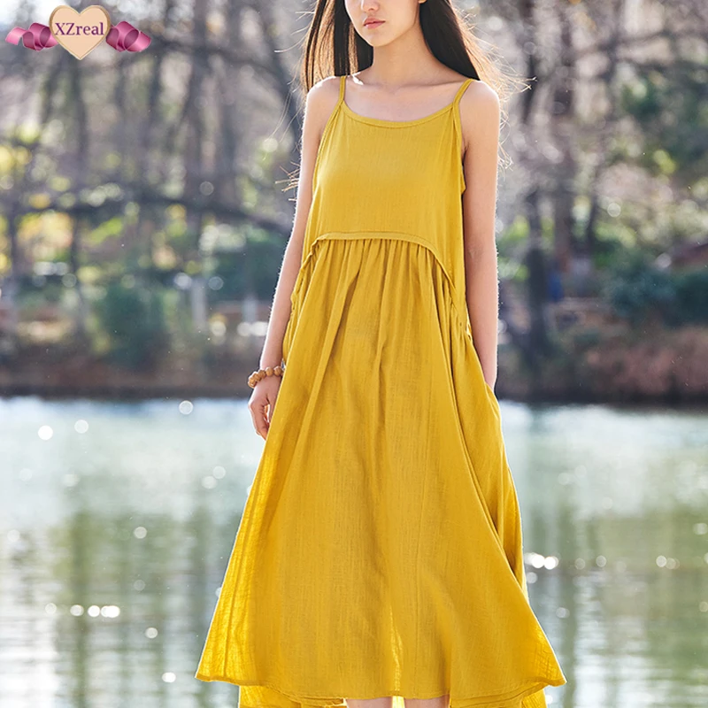 Yellow summer tunic dress for women