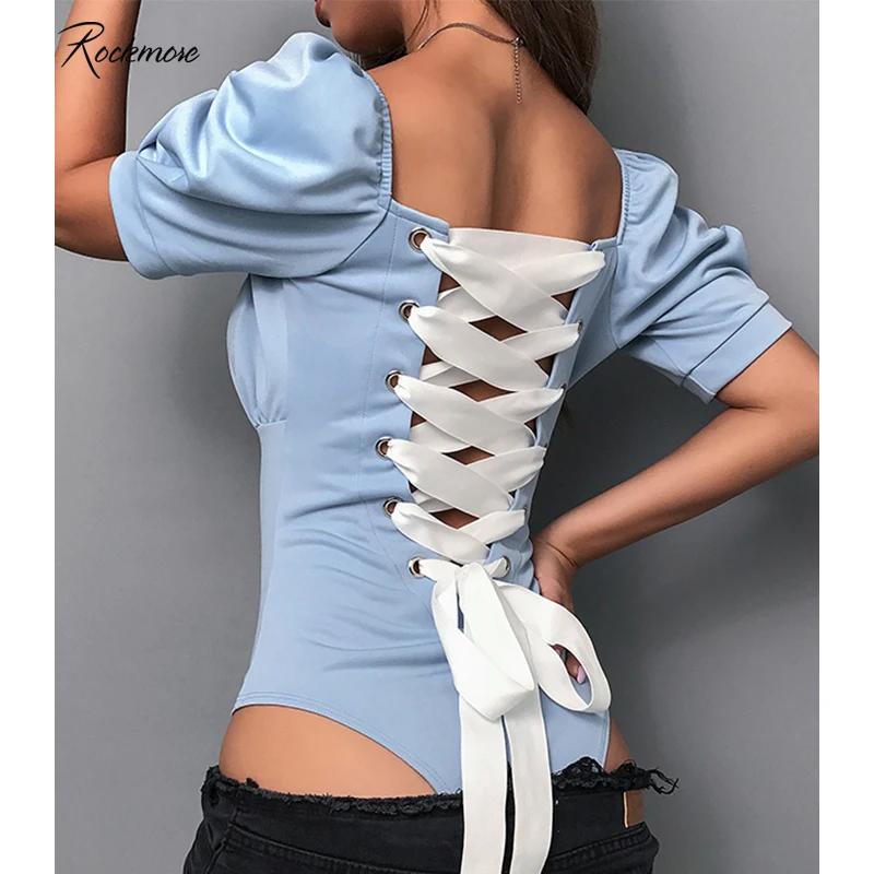 Rockmore Bodycon крест накрест бандажный купальник женский фонарь короткий рукав открытый комбинезон на шнуровке Комбинезоны повседневные женские