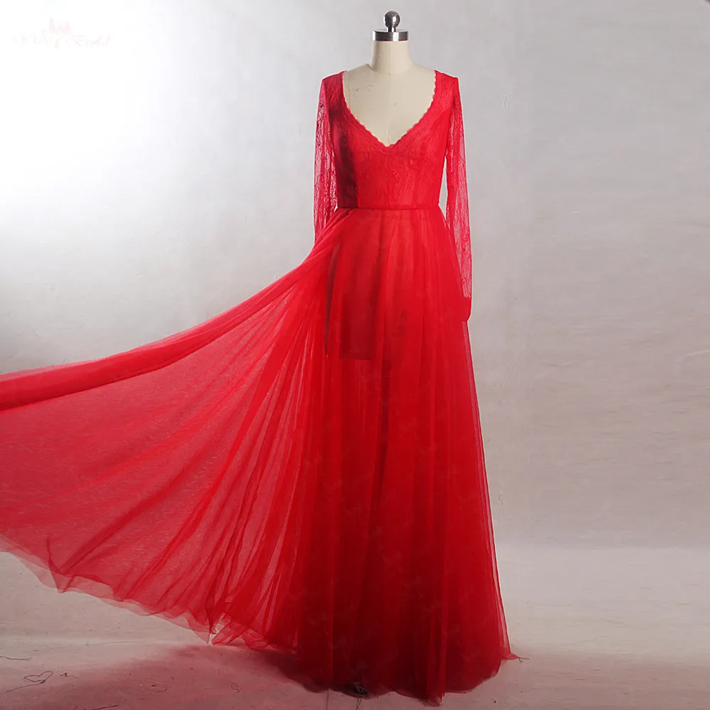 RSE823 Yiaibridal настоящая работа фото сексуальное платье с v-образным вырезом прозрачное кружевное вечернее платье с длинными рукавами красное вечернее платье
