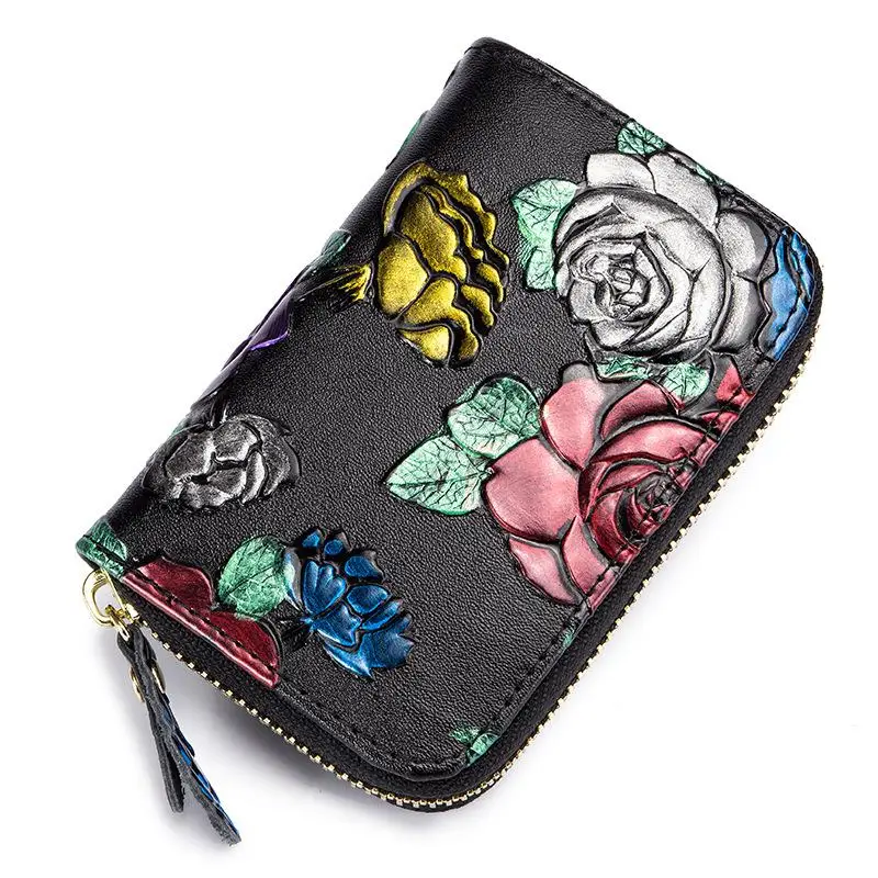 

Vintage Printed 3d Rose Carvings Card Holder Female Multi-card Genuine Leather Zipper Small Card Wallet Mini Coin Purse RFID