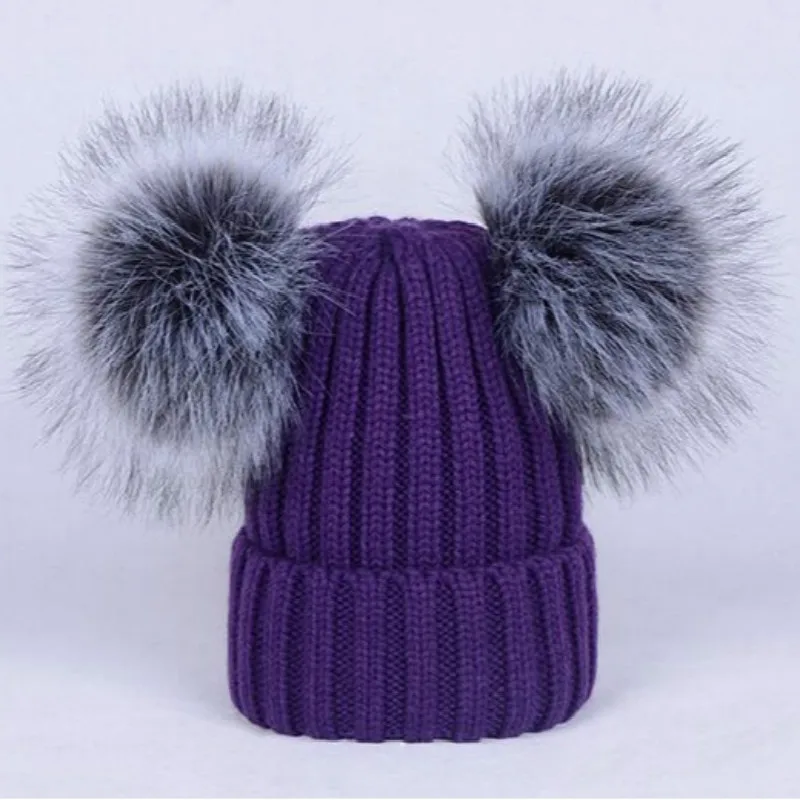 Женская зимняя шапка, двойная, из искусственного меха серебристой лисы, с помпонами, для девочек, шапка, толстая, теплая, для женщин, зимняя, skullies, вязаная шапка с двумя помпонами - Цвет: Фиолетовый