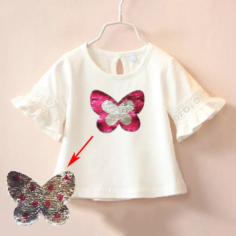 Топ с бабочками и блестками для девочек, футболки детские топы белого и розового цвета с коротким рукавом для маленьких девочек, футболки детская одежда для малышей, подарки