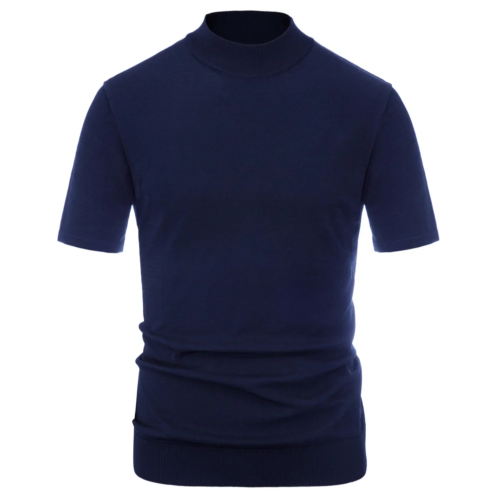 Navy Blue PJ Мужская футболка высокоэластичная трикотажная Летняя мужская футболка с коротким рукавом и высоким воротником Тонкая и дышащая стильная и облегающая Мягкая футболка - Цвет: Navy Blue