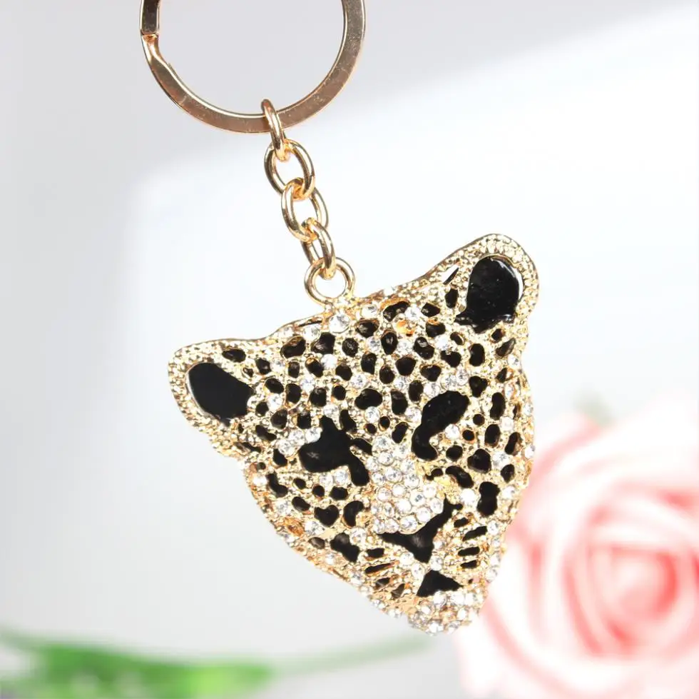 Leopard Head Cute Crystal Charm Purse Handbag Car Key Keyring Keychain