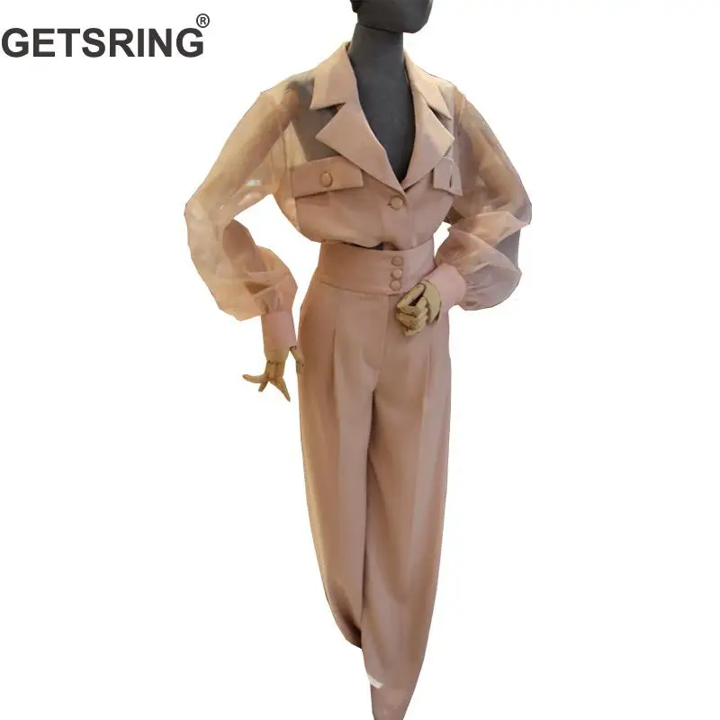 

GETSRING Women Sets Two Piece Set Wide Leg Pants Mesh Spliced V Neck Perspective Long Sleeve High Waist Women Sets Clothes 2019