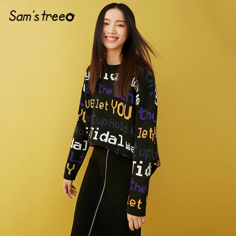 

Samstree Letter Printed Retro Leisure Pullovers Women Sweater 2019 Autumn Winter Loose Knitted Office Ladies Tops