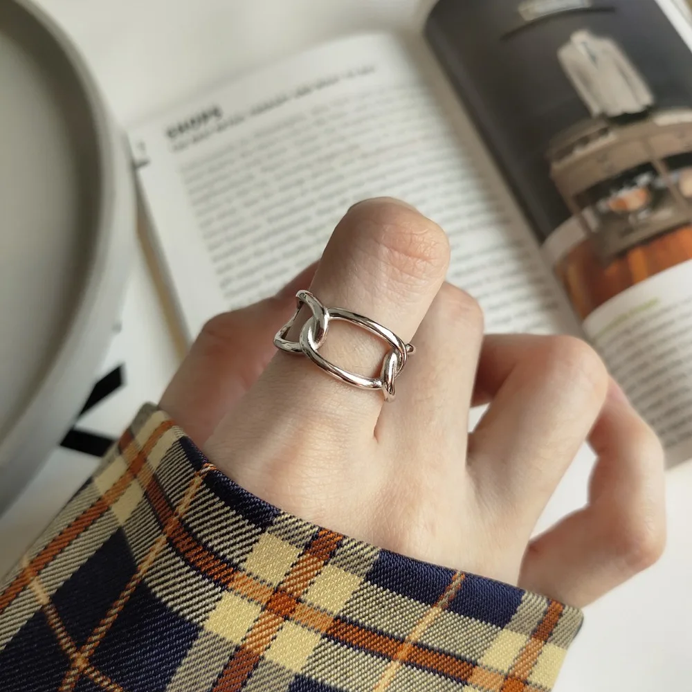 Минималистский Аутентичные S925 стерлингового серебра FINE Jewelry Geometric Open заблокирован широкое кольцо отрегулировать TLJ584