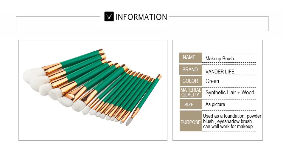 Вандер жизни 15 шт./компл. зеленый набор кистей для макияжа комплект Профессиональная щетка Foundation инструмент Красота косметические