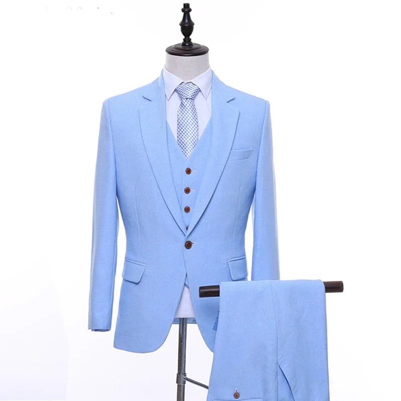 Sky Blue Evening Party Men Suits 2018 Three Piece Jacket Pant Vest
