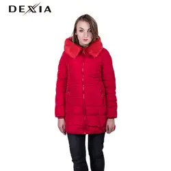DEXIA плюс Размеры 3XL зимние куртки Для женщин топы красного цвета волос длинный воротник Длина молнии карманы с длинным рукавом Повседневная