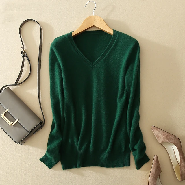 US $10.55 Sweater V-Neck Women Fashion Autumn Cashmere Wool Knit Sweater V-Neck Solid Slim Sexy Pullovers Coa