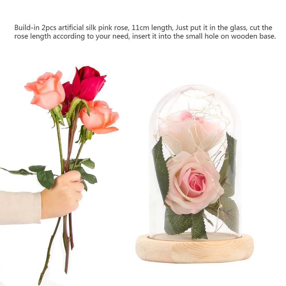 Красавица и Чудовище красная роза в стеклянном куполе на деревянной основе для подарков Святого Валентина светодиодный лампы с розами Рождество с 2 шт. Роза
