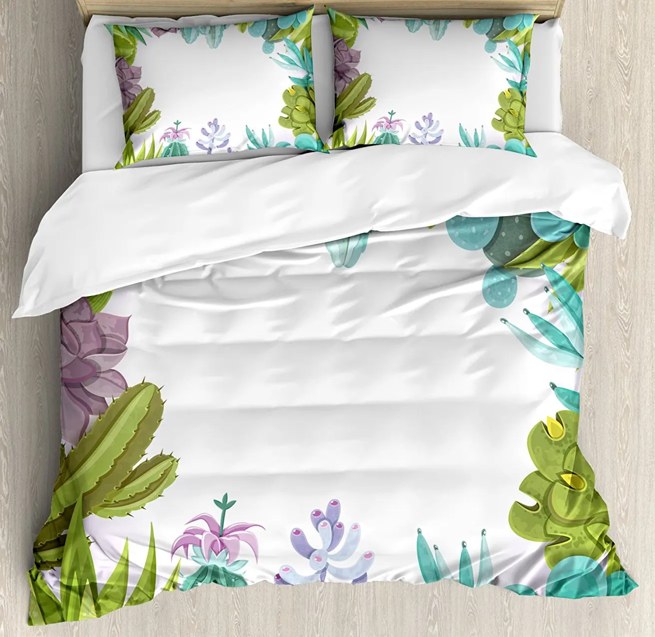 

Cactus Decor Duvet Cover Set , Succulents Framework Different Types Gardening Theme Seasonal Image, 4 Piece Bedding Set