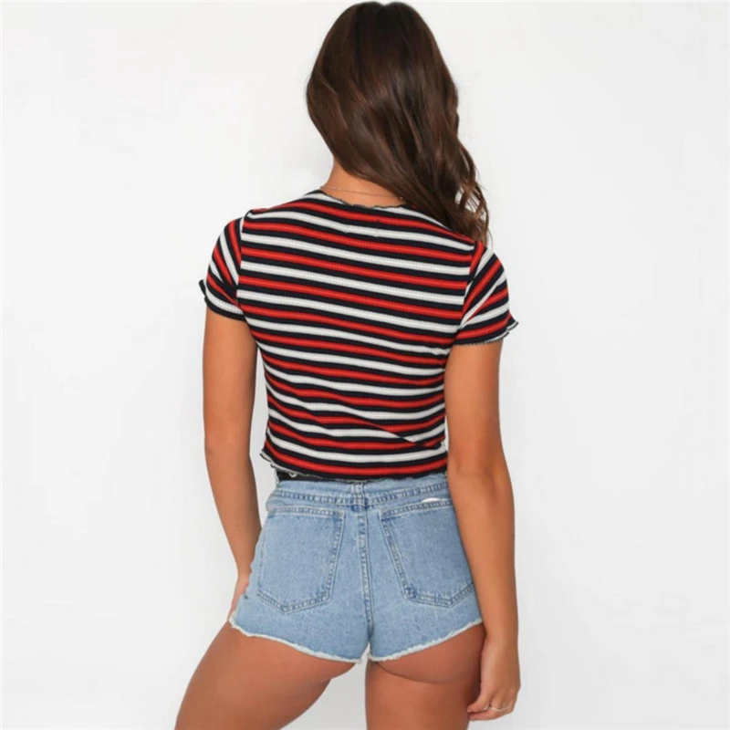 

Vintage Cotton T-shirt Women Red Striped Casual Cropped Tee Shirt Fashion 2019 New Summer Female Harajuku Street Knitted Top Tee
