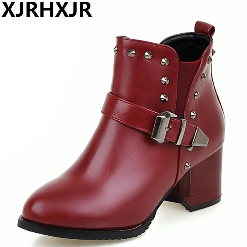 

XJRHXJR Fashion Rivets With Buckle Ankle Boots Women Autumn Winter Shoes Thick Heels Short Boots Ladies Big Size Shoes 30-48