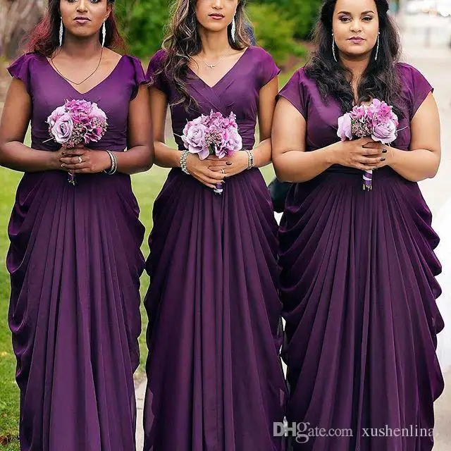 

V-Neck Cap Sleeves Ruffles Ruched Wedding Party gown Charming Sexy Maid Of Honor Gowns Elegant Chiffon Bridesmaid Dresses