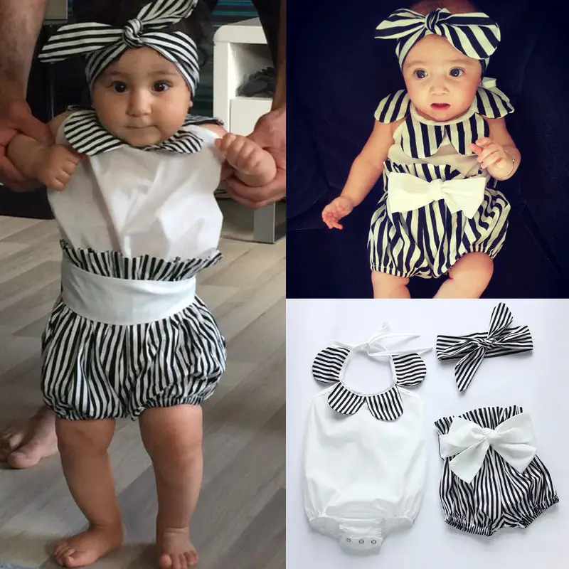 

3Pcs Newborn Baby Girl Clothes Sleeveless Bodysuit Tops+Striped Shorts+Headband Sets Kids Baby Summer Cute Outfits
