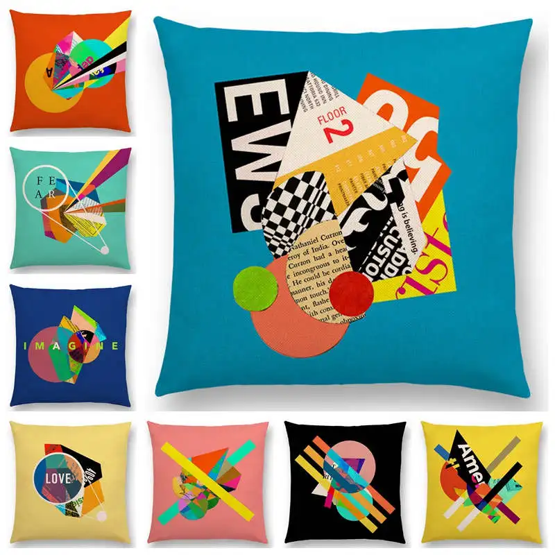 

Geometric Color Blocks Decorative Letters Collage Colorful Art Rich Emotion Abstract Prints Cushion Cover Sofa Throw Pillow Case