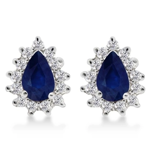 1.10 Ct Pear Cut Blue Sapphire & Diamond Teardrop Earrings 14K White Gold