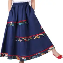 Женская юбка из хлопка и льна в этническом стиле с завышенной талией, юбки в стиле пэтчворк для женщин s