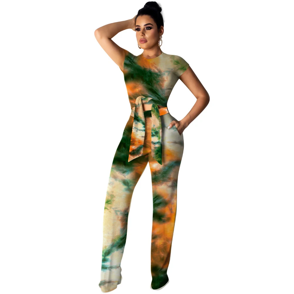 Women Short Sleeve Full-length Wide Leg Jumpsuit Two Piece Set Summer Elegant Tie Dye Rainbow Casual Party Overalls Female Women Short Sleeve Full-length Wide Leg Jumpsuit Two Piece Set Summer Elegant Tie Dye Rainbow Casual Party Overalls Female
