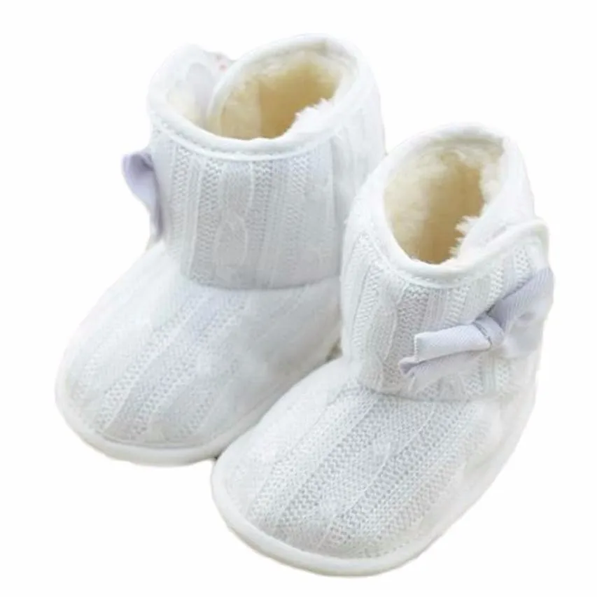 Теплая зимняя обувь с бантиком и мягкой подошвой для маленьких девочек; вязаная обувь на липучке для маленьких девочек; модные повседневные ботинки - Цвет: Белый