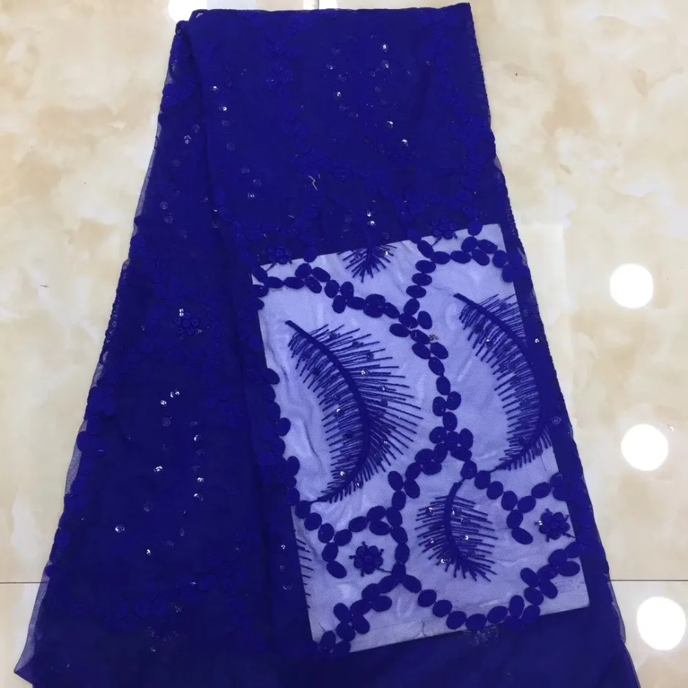 

French lace fabric 5yds/pce dhl royal blue sequins embroidery leaf pattens mesh fabrics women gorgeous luxury lagos party dress
