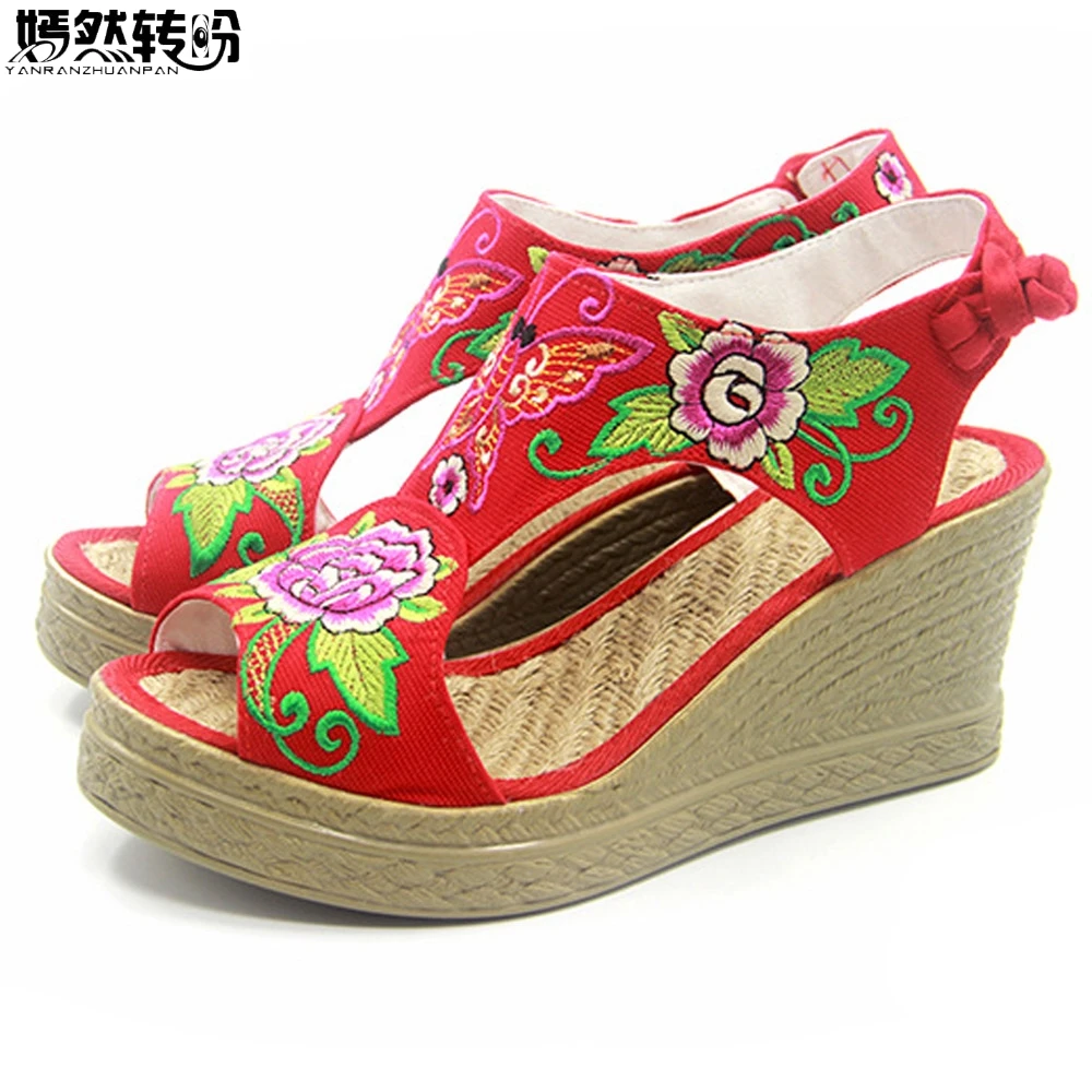 floral embroidered pointed toe chunky heeled sandals