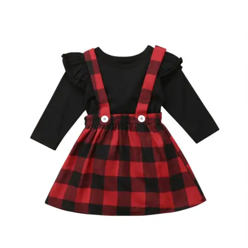 

Christmas Baby Girls Clothes Set 2pcs Cotton Autumn Winter Ruffle T-shirt Plaid Overall Skirt Party Baby Girl Clothes Set 0-4T