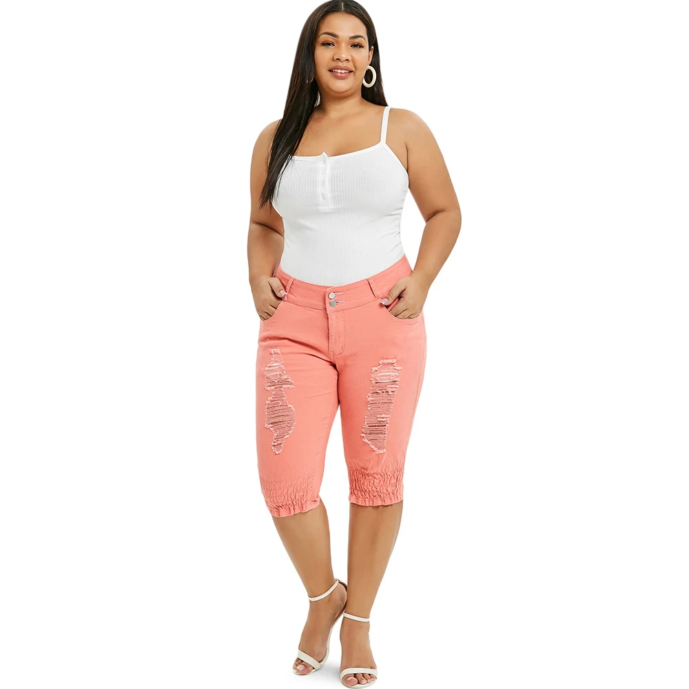 

Rose Gal Plus Size Distressed Knee Length Jeans Denim Skinny Shorts Ripped Knee Length Jeans Solid Color Pockets Denim Pants