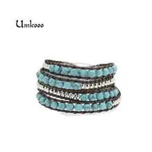 Синий 4 обертывания восковой шнур обёрточная бумага браслеты Бохо Браслет из бисера ручной работы Strand браслет Прямая поставка