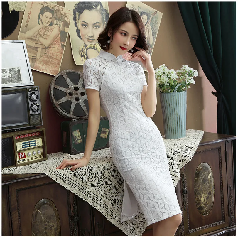 Модное белое традиционное китайское платье Qipao современное кружевное