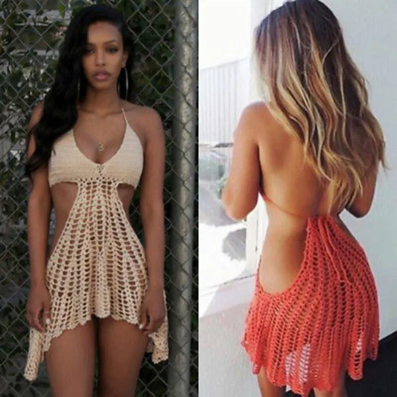 Women Long Sleeve Crochet Knit Mini Dress Colorful Bikini Cover Ups Dress Sexy Hollow Out Beach Tunic Dress main image 1