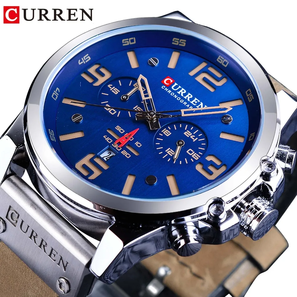 

CURREN Blue Dial Brown Genuine Leather 3 Dial Calendar Display Men Quartz Military Sport Wrist Watch Top Brand Luxury Male Clock