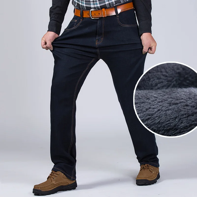 Winter Classic Big Size Fleece Jeans For Man Baggy Warm Black Business Denim Trousers Men's Stretch Office Overalls Pants 2XMR24 Winter Classic Big Size Fleece Jeans For Man Baggy Warm Black Business Denim Trousers Men's Stretch Office Overalls Pants 2XMR24