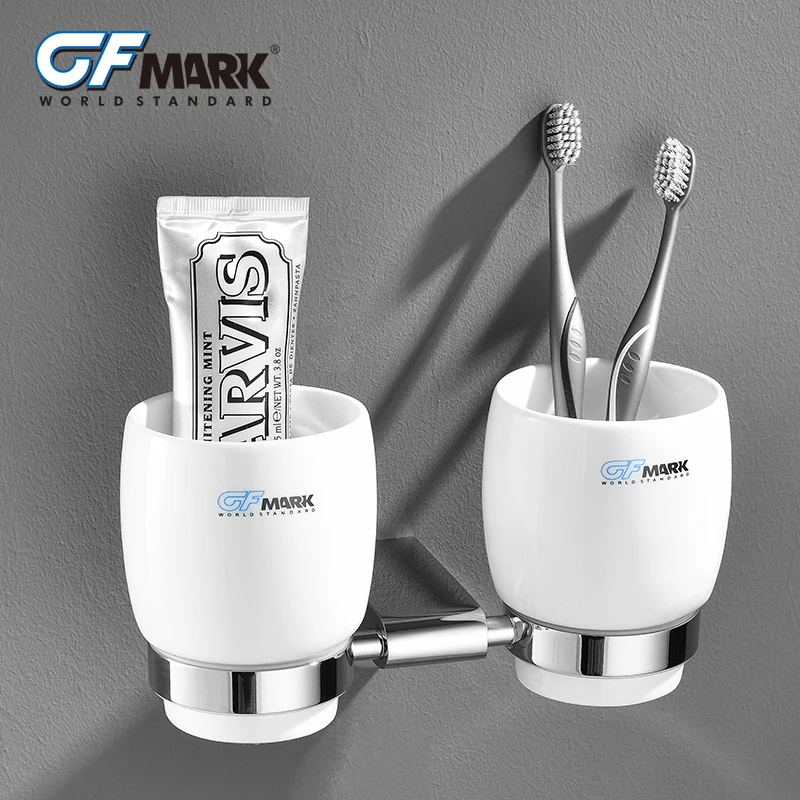 

GFmark Double Ceramic Cups Holder Chrome Plating Bathroom Hardware Accessories Wall Mounted Bathroom Toothbrush Cup Holder