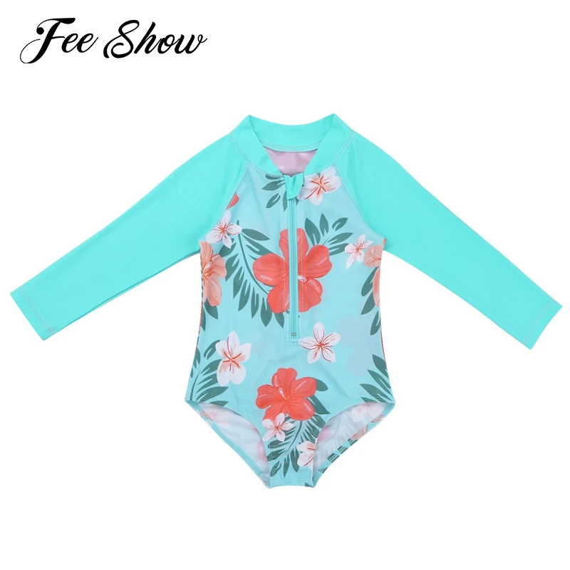 

Newborn One-Piece Long Sleeve Swimwear Summer Baby Girls Sun Suit Flower Print Front Zipper Swimsuit Bathing Suit Rash Guard