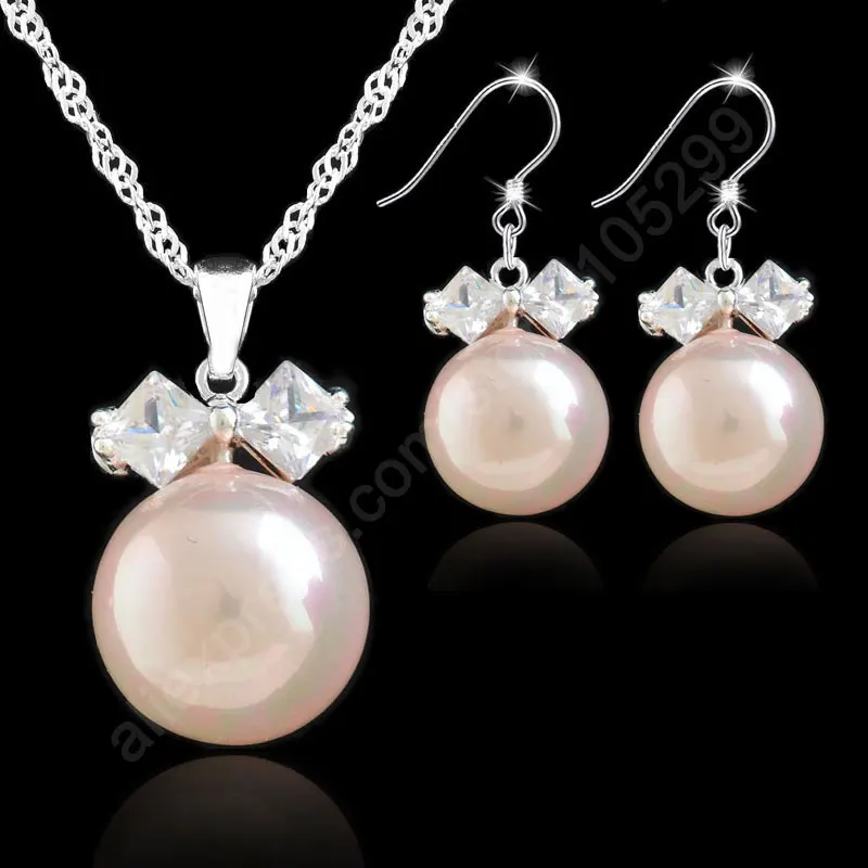 

New Arrival Jewelry Sets Pink Pearl 925 Sterling Silver Needle Jewelry Bowknot Cubic Zirconia CZ Pendant Necklaces Earrings Set