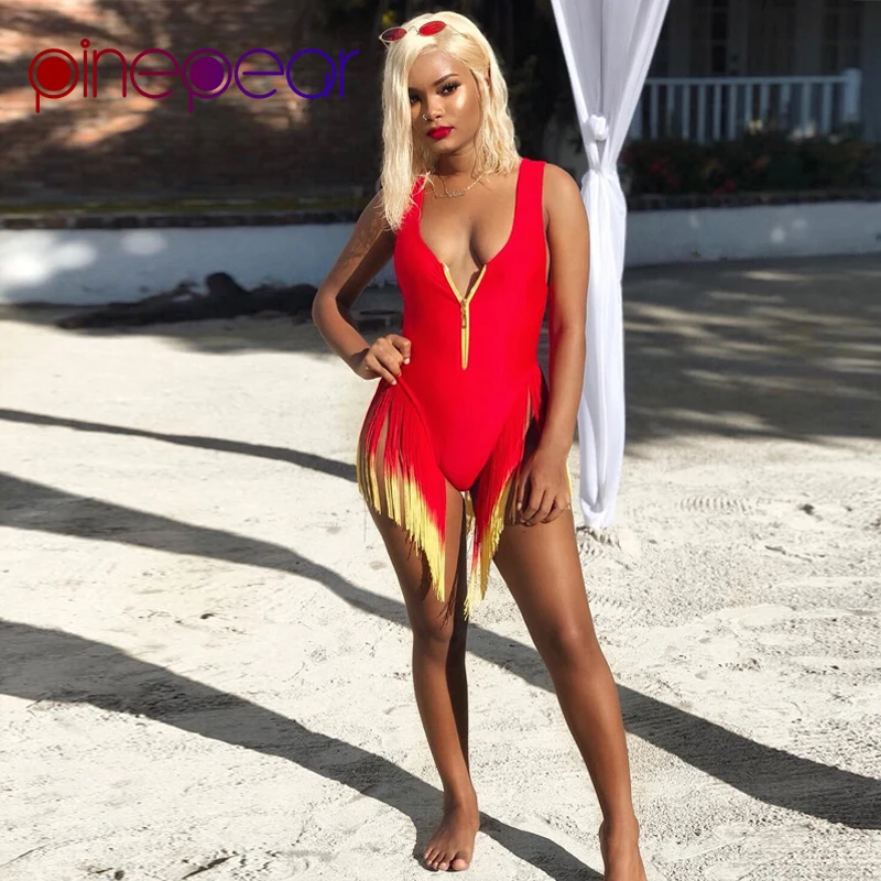 

PinePear Tassel Gradient One Piece Bodysuit Swimsuit 2019 Summer Women Zipper Body Suit Swim Beach Wear Swimwear Drop Shipping