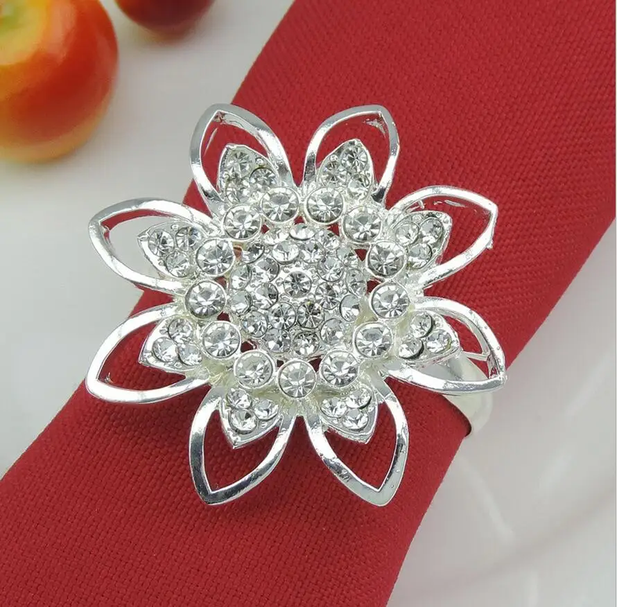 

12pcs Silver Plated Crystals Rhinestones Beaded Flower Napkin Ring Serviette Buckle Holder For Wedding Banquet Dinner Decoration