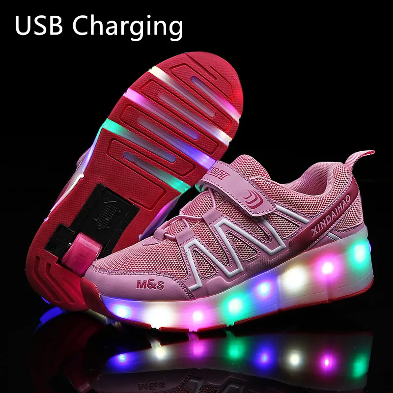 جديد الوردي البرتقال أزياء الفتيات الفتيان مصباح ليد أحذية التزلج الأسطوانة للأطفال أطفال أحذية رياضية مع عجلات واحدة عجلات