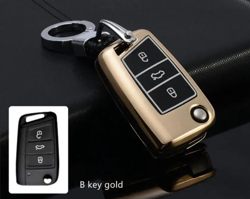 Автомобильный цинковый сплав+ ТПУ чехол для ключей держатель для VW Polo MK6 CC B5 B8 Golf 6 7 Passat Tiguan Jetta для Skoda Kodiaq A7 A5 Octaiva - Название цвета: B key gold