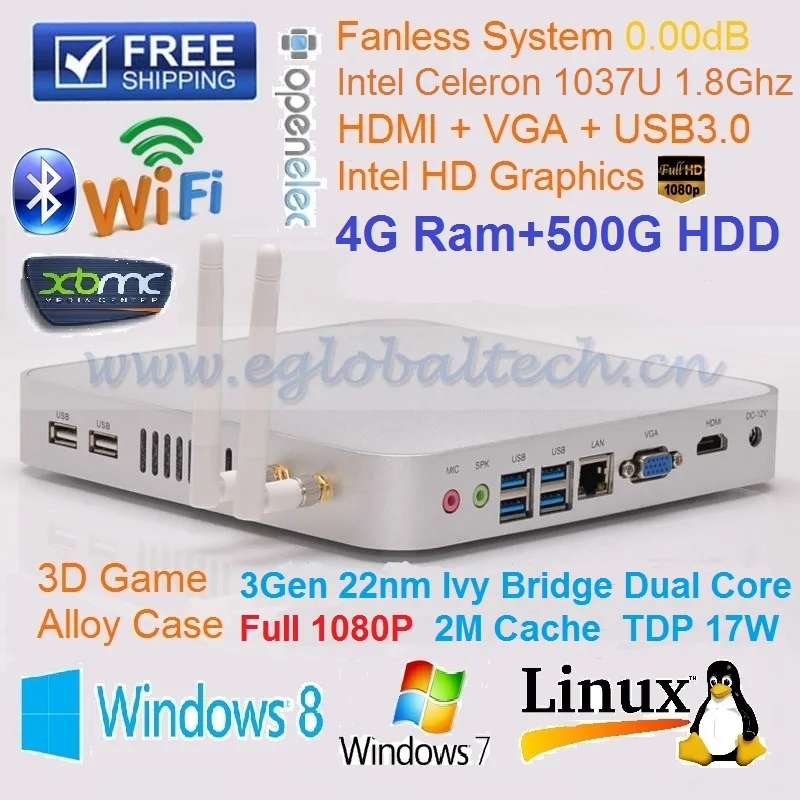 Fanless PC Industrial Mini Computer 4G DDR3 Ram 500G HDD Intel Celeron 1037U 1.8Ghz 300M Wifi Gigabyte Ethernet Nic USB3.0 HDMI