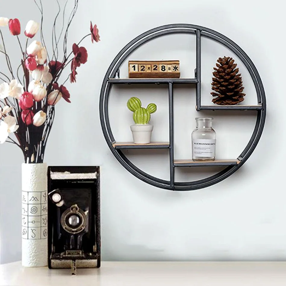 Round Vintage Wall Unit Retro Wood Industrial Style Metal Shelf Rack Storage Top