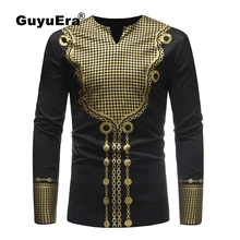 Best Offers GuyuEra Fashion African dashiki style hot African wind long sleeve V-neck casual T-shirt black and white M-3XL