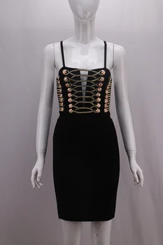 

High Quality Black Slip Gold Stirped Print Rayon Bandage Dress Night Club Party Bodycon Dress