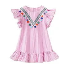 Summer Baby Girls Short Sleeve Princess Dress Fringed Striped Tassel Cute Kids Ruffle Cotton Dress Sundress Toddler Clothing girls tassel hem striped dress