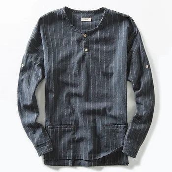 

M-4XL Autumn Striped Shirt Men Casual Cotton Linen Shirt Male Collarless Long Sleeve Shirts Mens Comfortable Chinese style Tops