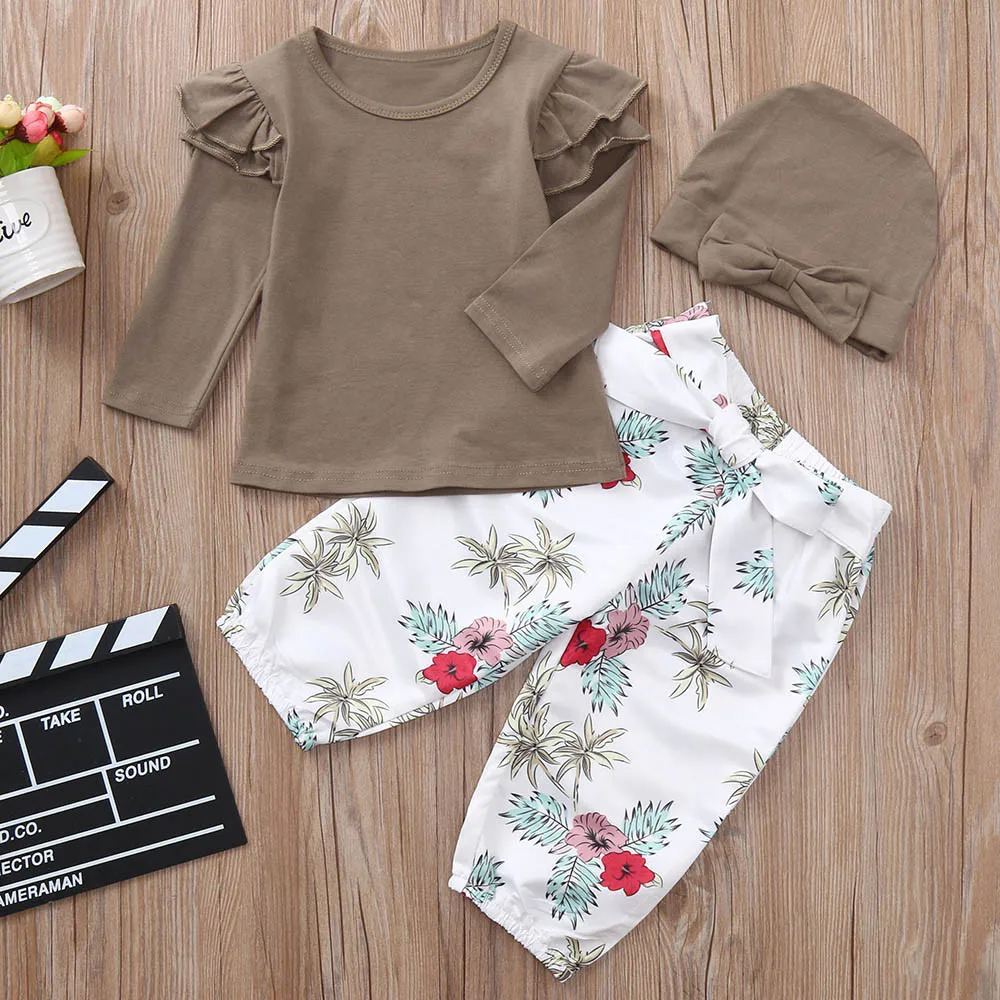 

Toddler Infant Baby Girls Solid made of high quality materials Tops T-shirt Floral Print Pants Hats Outfits Set clothes