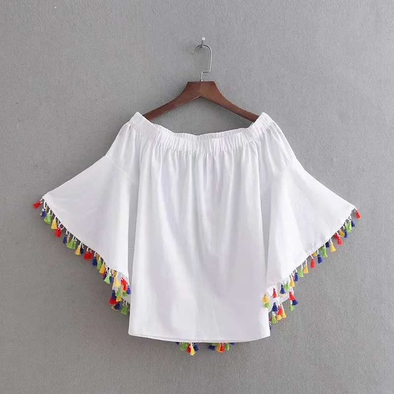 

2018 women sexy slash neck white blouses tassels flare sleeve pleated shirt female summer casual wear chic loose tops camisa